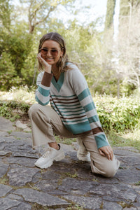 Bande Studio Nina Stripe V Neck Knit - Teal and Pecan