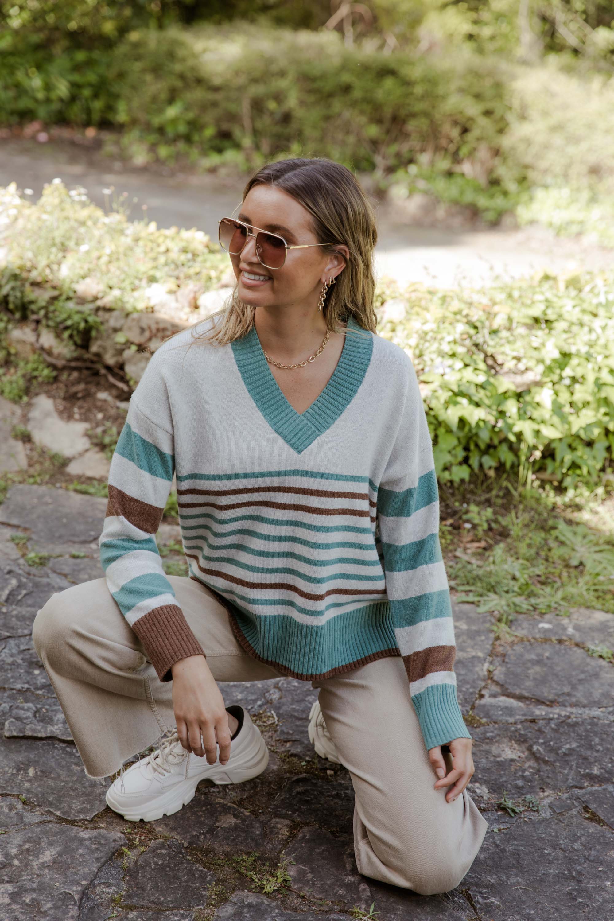 Bande Studio Nina Stripe V Neck Knit - Teal and Pecan