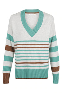 Bande Studio Nina Stripe V Neck Knit - Teal and Pecan