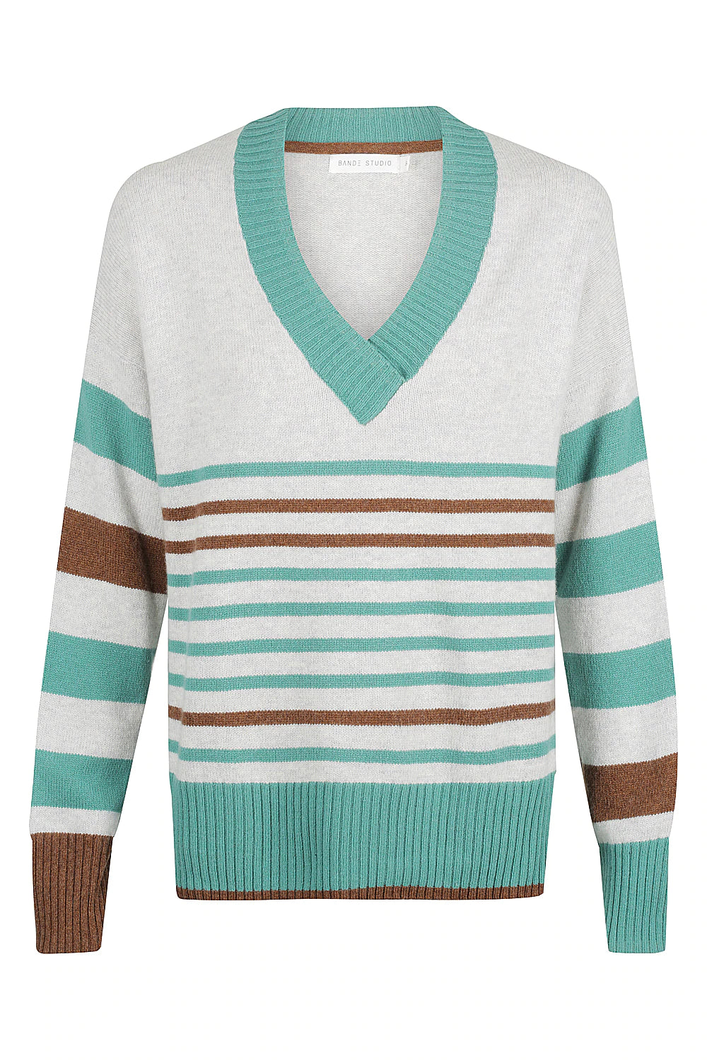 Bande Studio Nina Stripe V Neck Knit - Teal and Pecan