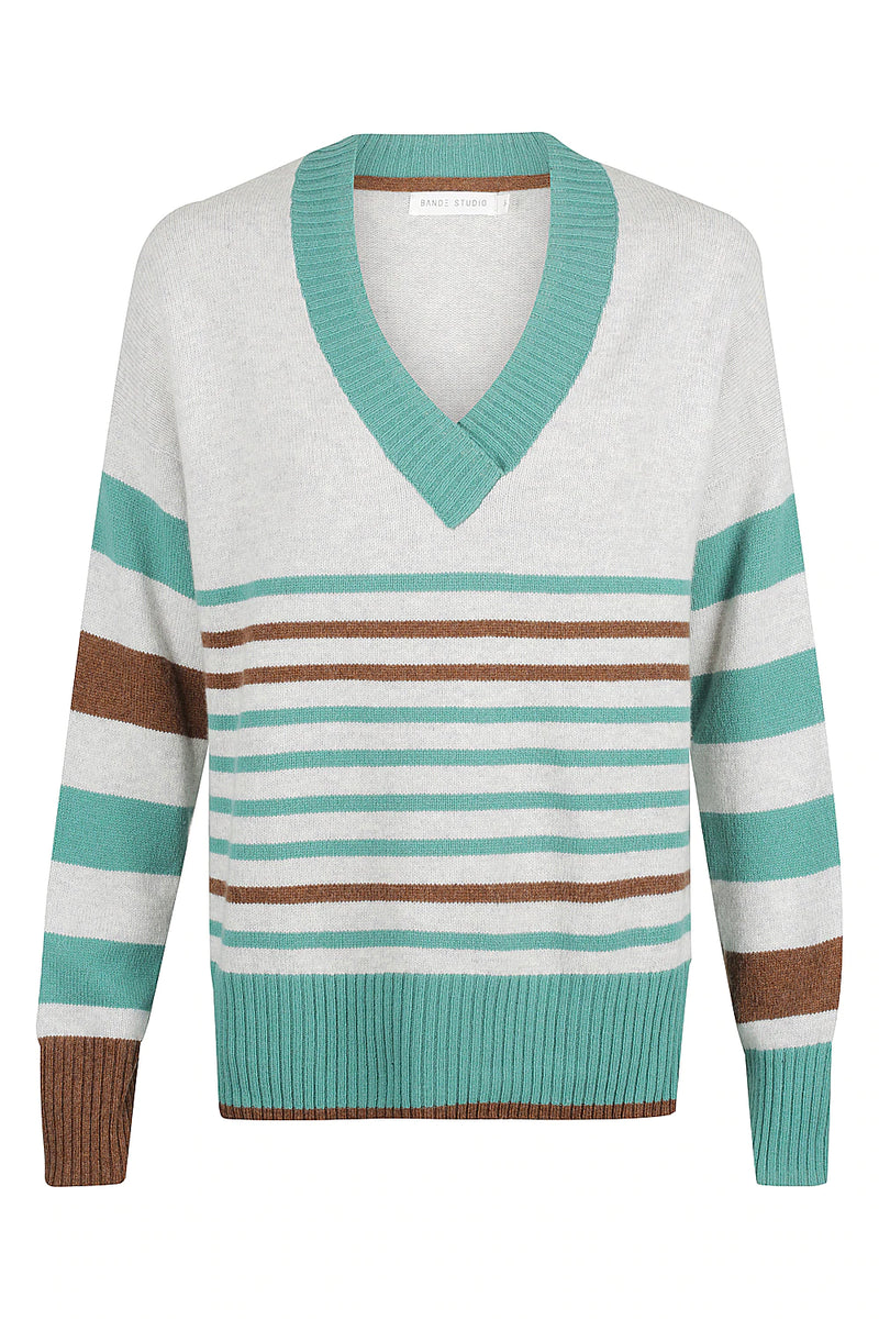Bande Studio Nina Stripe V Neck Knit - Teal and Pecan