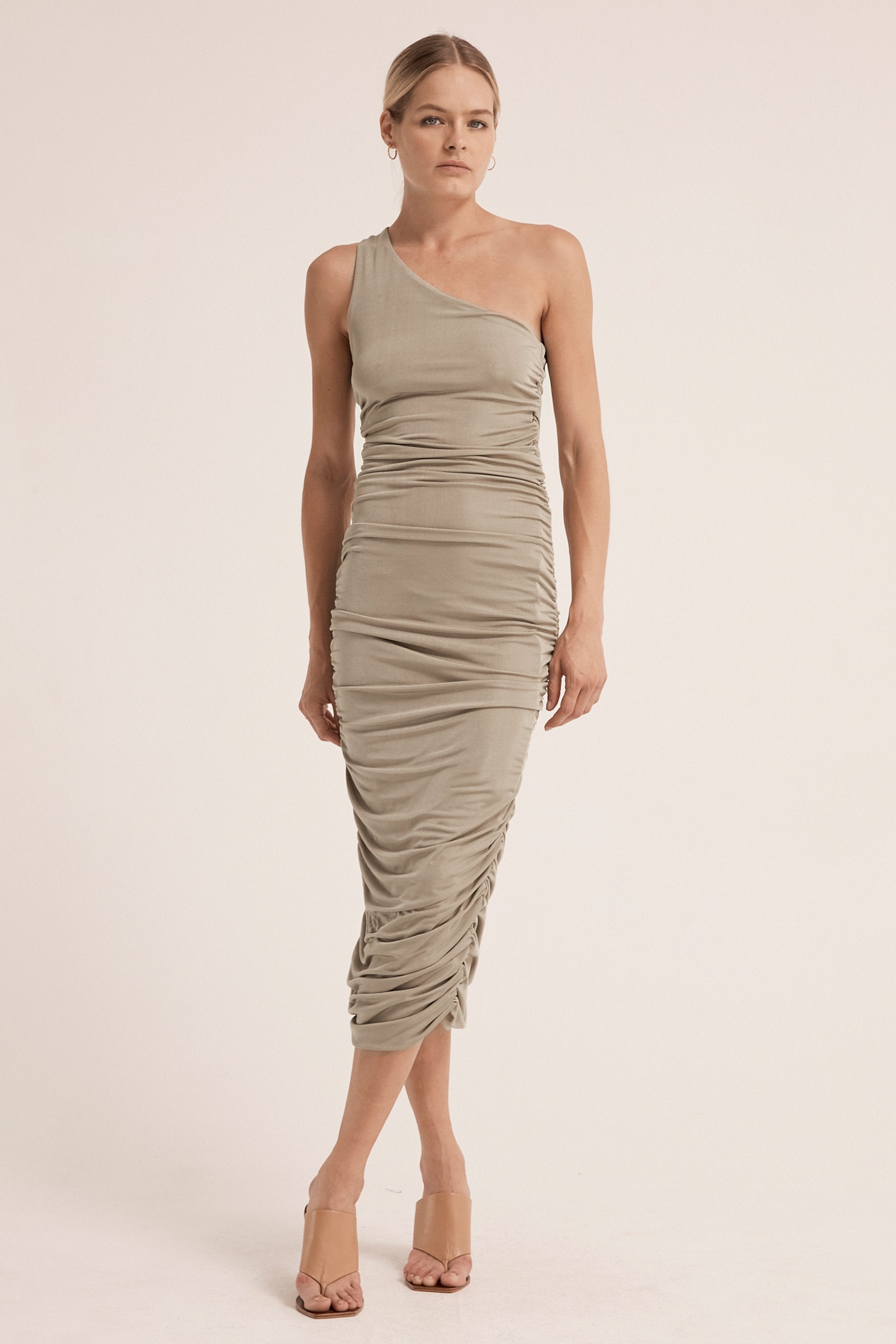 Third Form Lead On One Shoulder Midi Dress - Putty