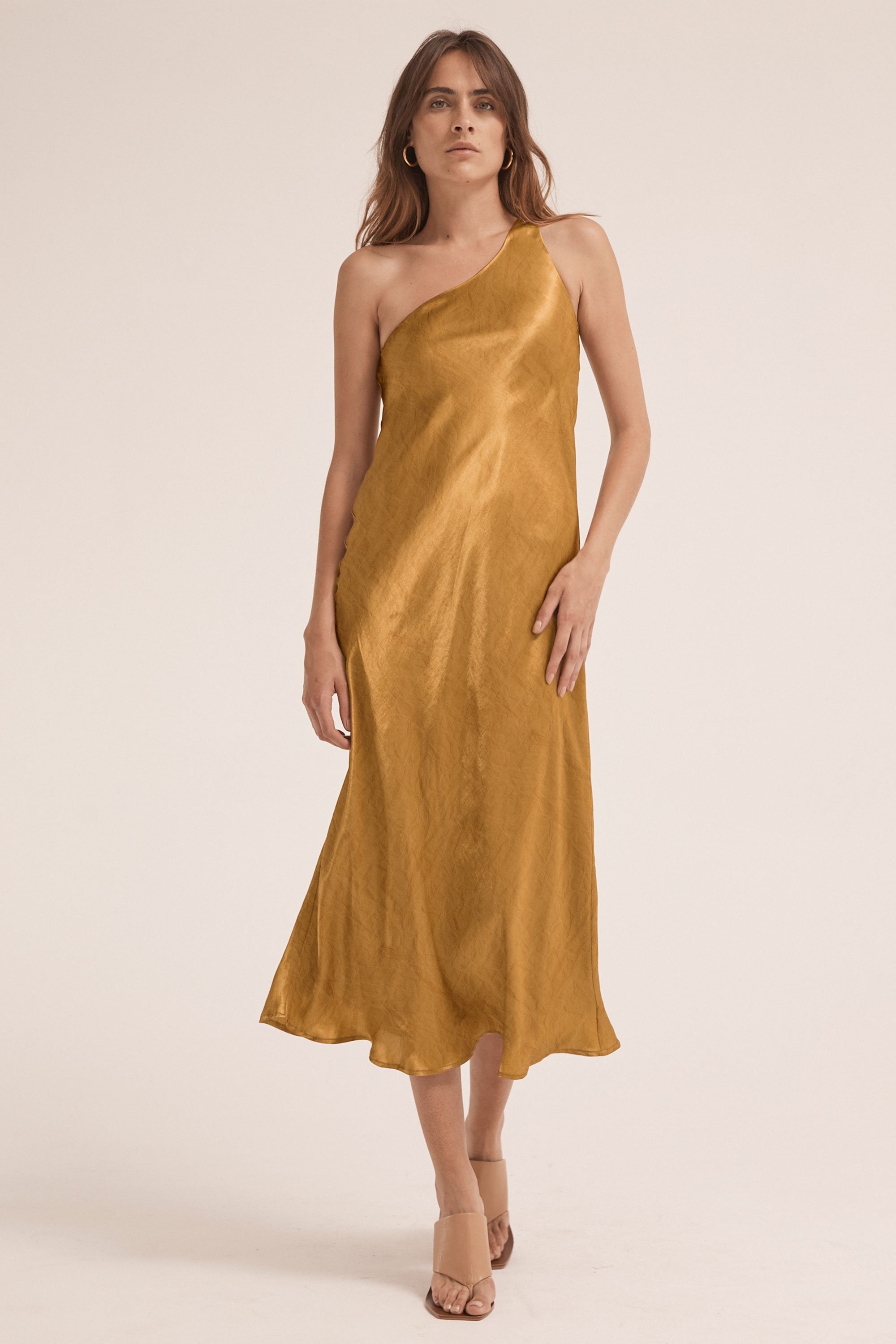 Third Form Running Water Bias One Shoulder Slip Dress - Copper