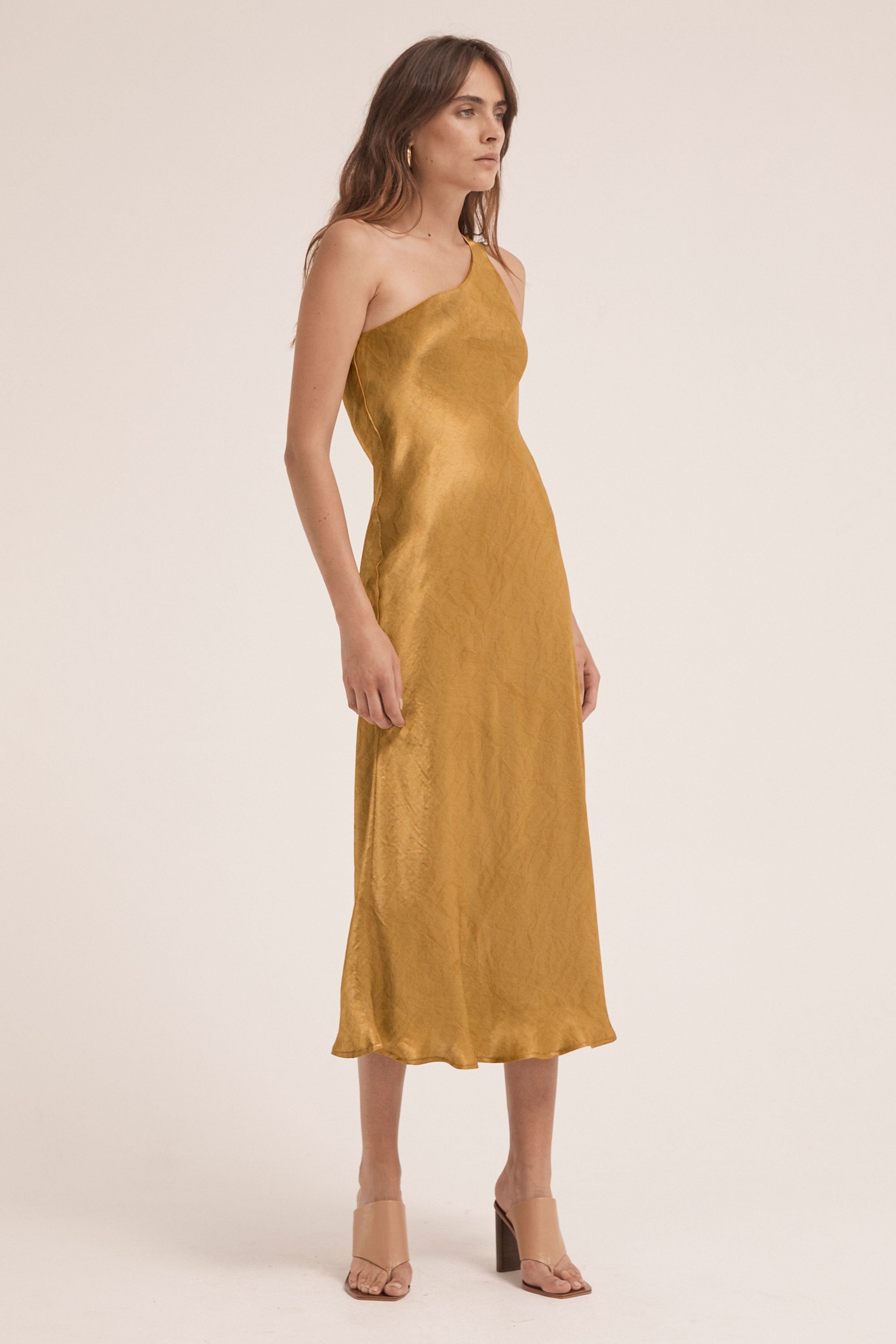 Third Form Running Water Bias One Shoulder Slip Dress - Copper